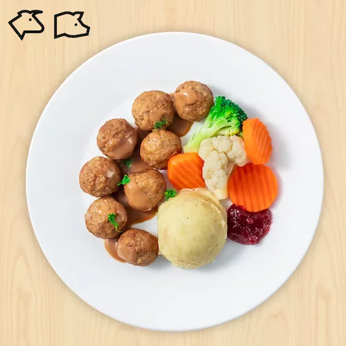 Swedish meatballs with mashed potato and mixed vegetable