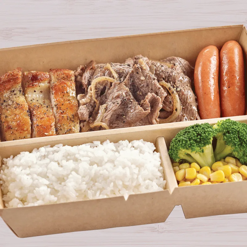 Meat Trio Bento. Set A (1 Drink + 1 Side Dish)