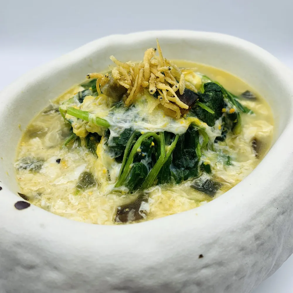 Poached Chinese Spinach with 3 types of Eggs in Superior Broth