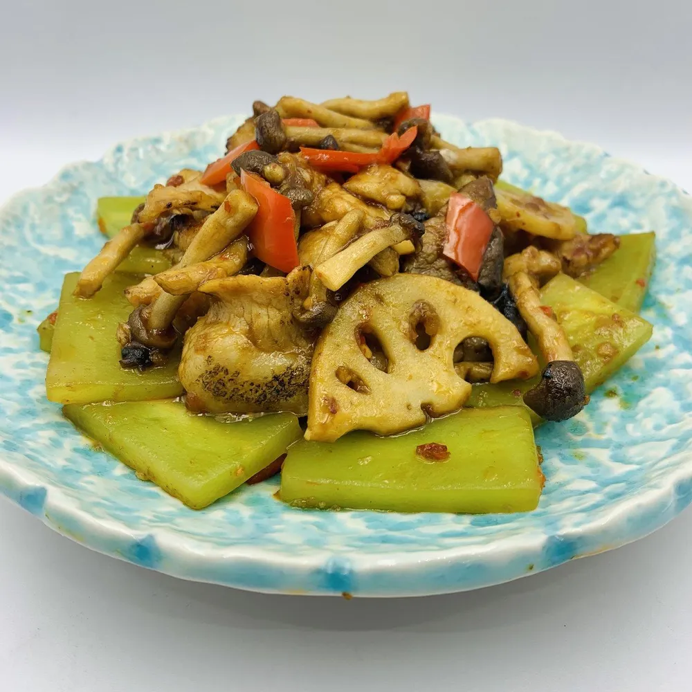 Stir-fried Kurobuta Pork Collar with Celtuce Stem and Lotus Root in XO Chilli Sauce