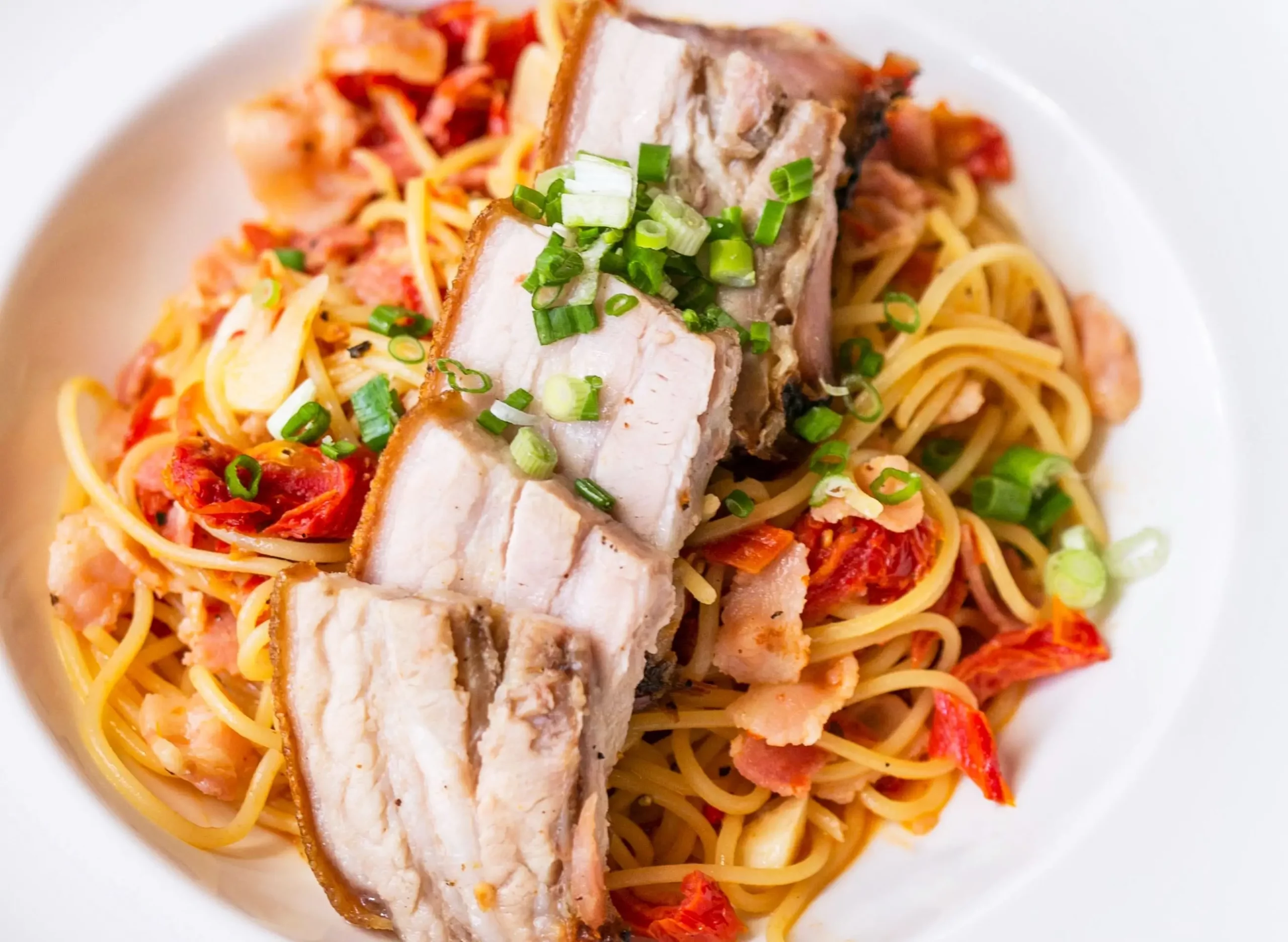 Spaghetti Aglio Olio With Roasted Pork Belly