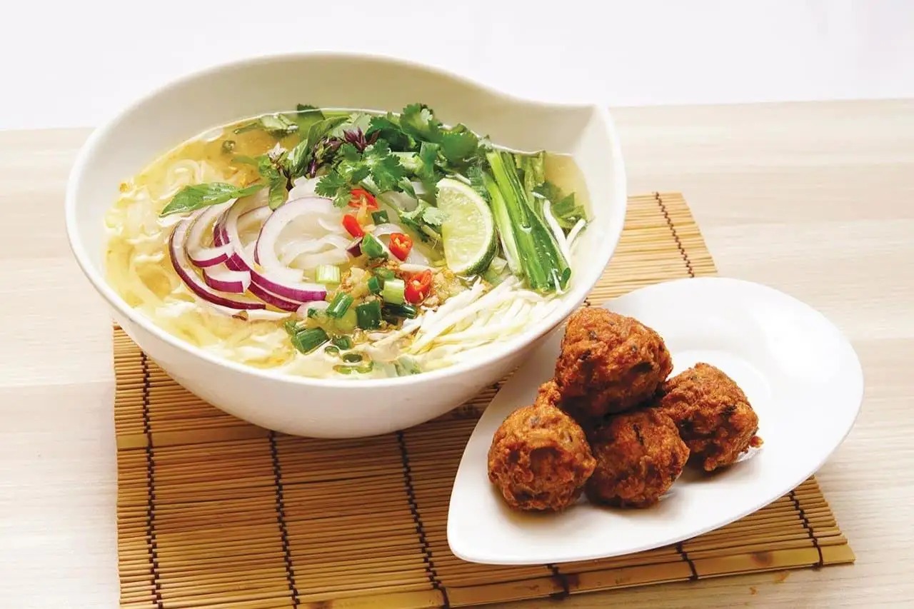 Pho Noodle Chicken Soup with Chicken Meatballs