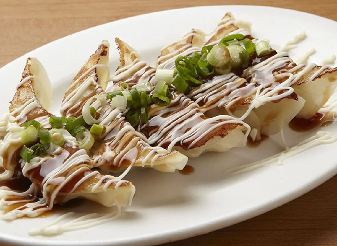 Chicken Gyoza with Okonomiyaki Sauce