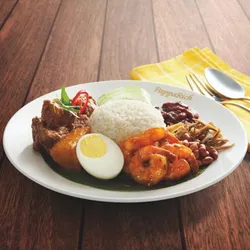 Nasi Lemak with Sambal Prawns + Beef Rendang