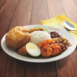 Nasi Lemak with Sambal Prawns + Fried Chicken